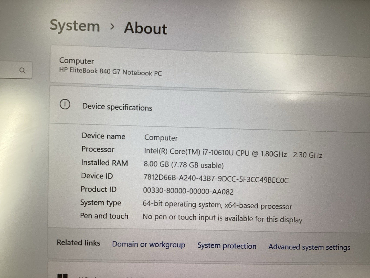 HP Elitebook 840 G7 14" (Core i7-10610U, 8GB 256GB SSD) Win11Pro No AC A-Grade