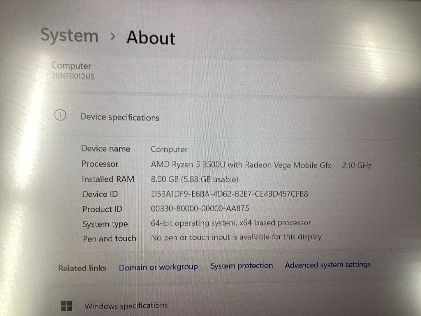 Lenovo Thinkpad E595 15.6" (Ryzen 5 3500U, 8GB RAM, 256GB SSD) Win11Pro *Read