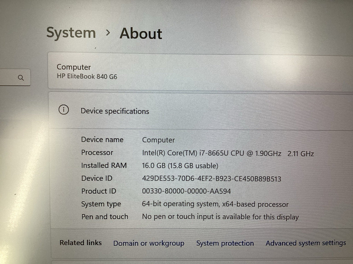 HP EliteBook 840 G6 14'' (i7-8665U @1.6GHz, 16GB RAM, 256GB SSD) Win11Pro No AC