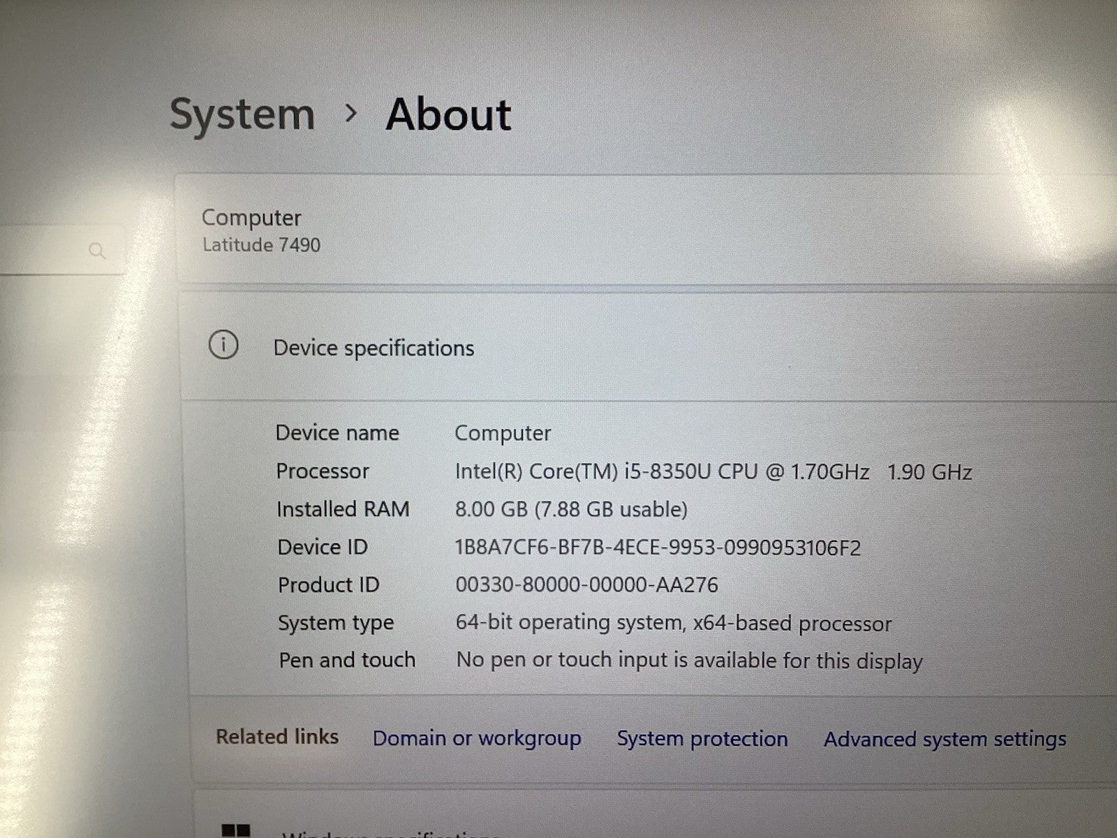 Dell Latitude 7490 14" (i5-8350U @1.7GHz 8GB RAM 256GB SSD) Win11Pro w/AC