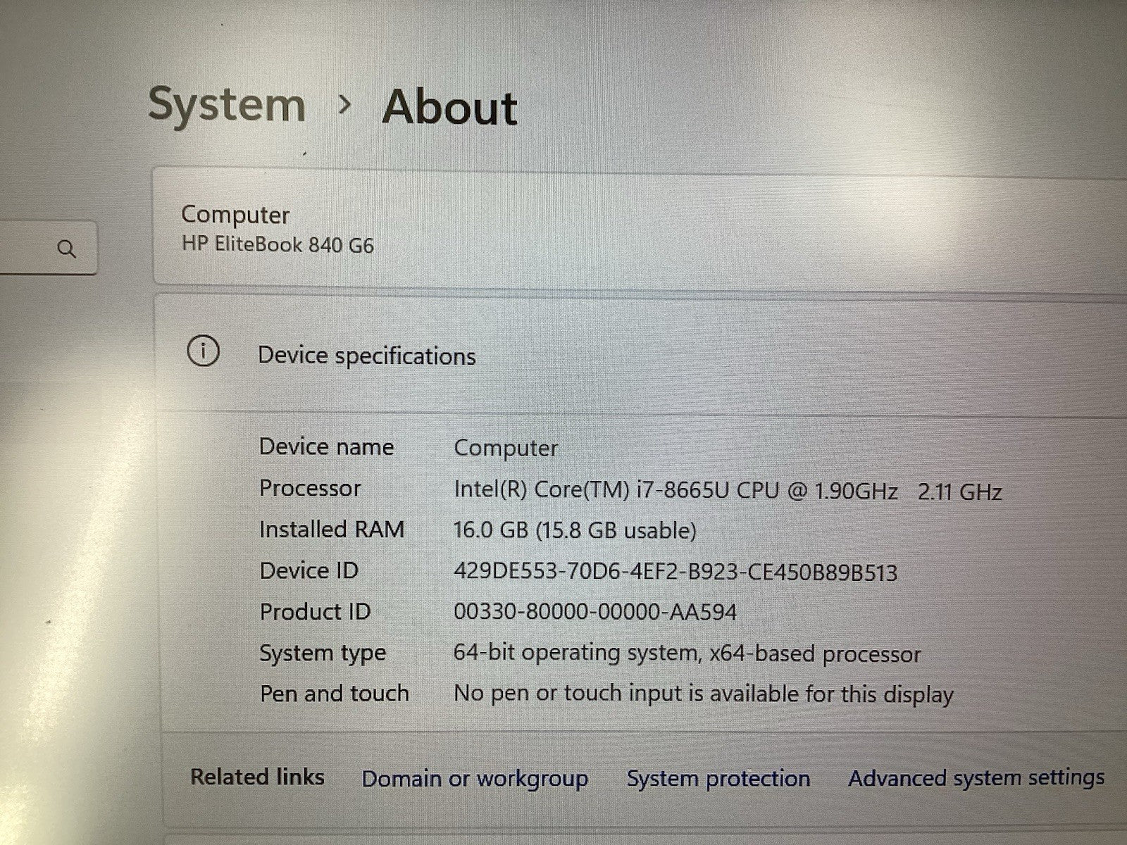 HP EliteBook 840 G6 14'' (i7-8665U @1.6GHz, 16GB RAM, 256GB SSD) Win11Pro No AC