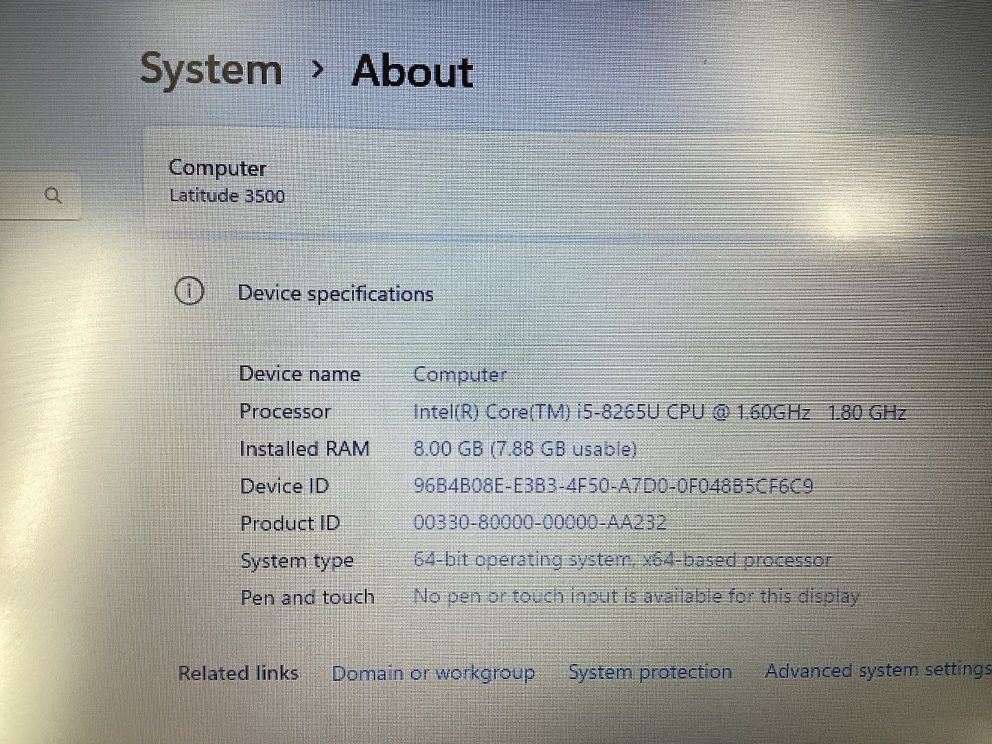 Dell Latitude 3500 15" (i5-8265U @1.6GHz 8GB 256GB SSD) Windows 11 Pro w/AC