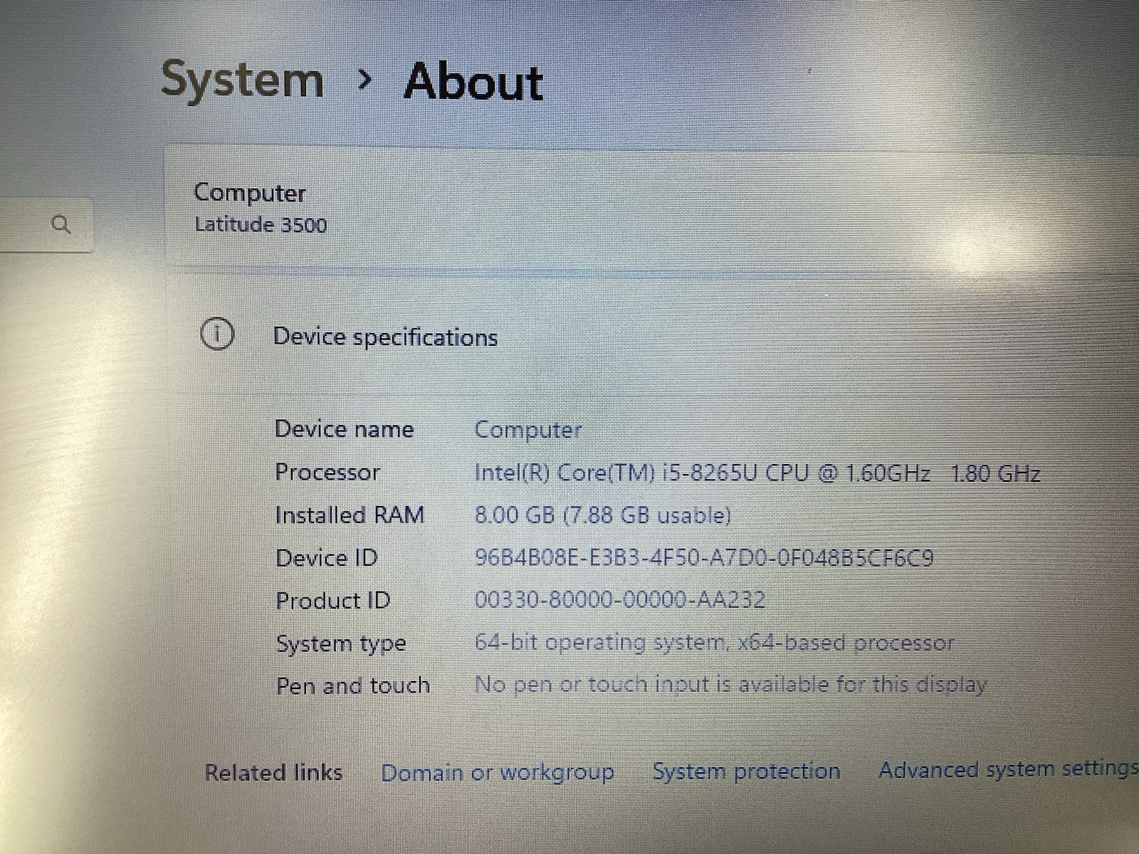 Dell Latitude 3500 15" (i5-8265U @1.6GHz 8GB 256GB SSD) Windows 11 Pro w/AC