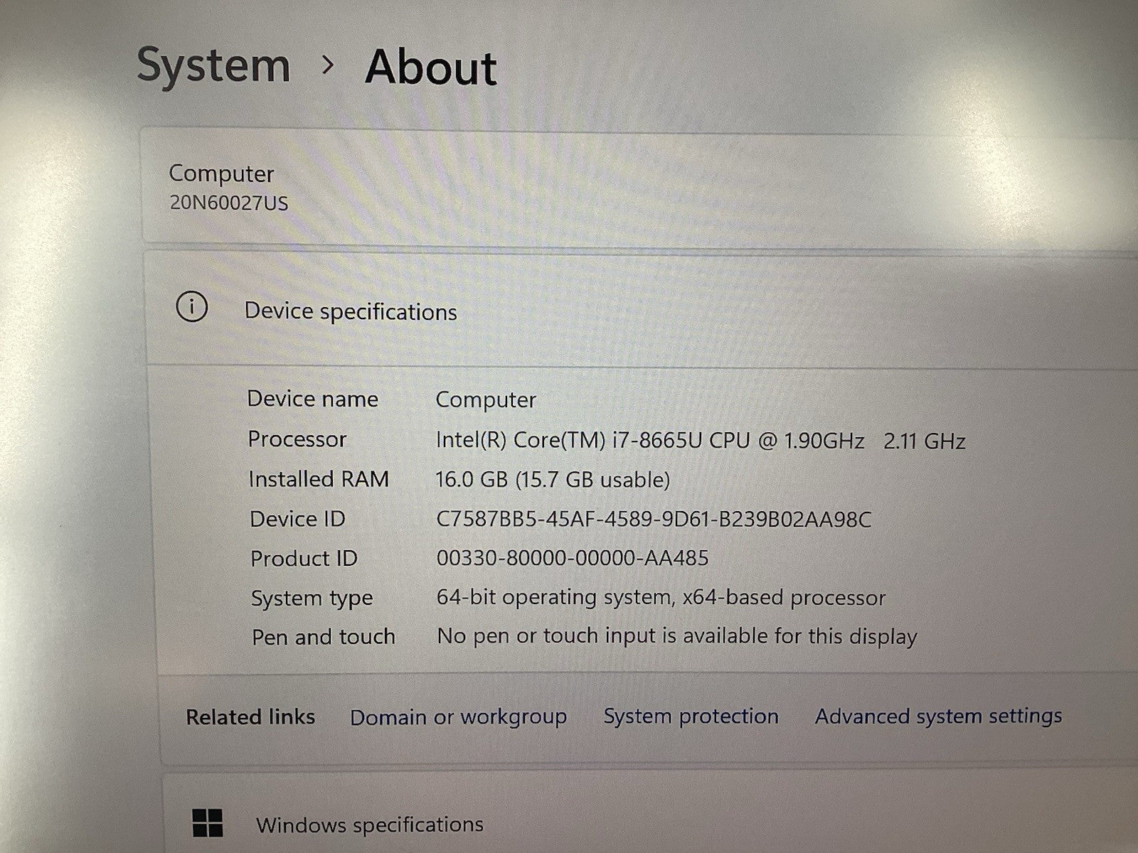 Lenovo ThinkPad P53S 15" (i7-8665U @1.9GHz 16GB RAM 512GB SSD) Win11Pro No AC