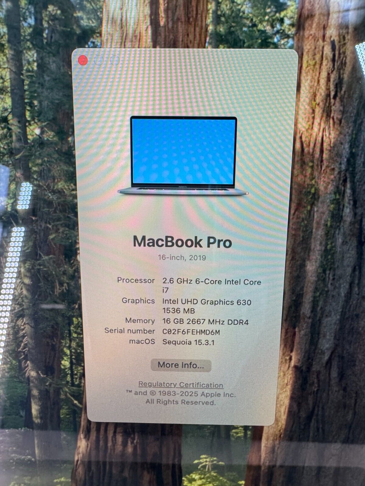 2019 Apple MacBook Pro A2141 16" (Core i7 @2.6GHz, 16GB RAM 512GB SSD) No AC