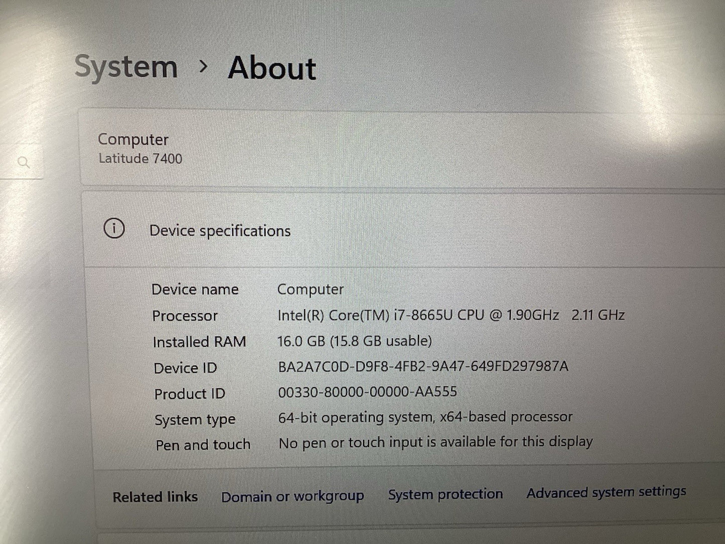 Dell Latitude 7400 14" (Core i7-8665U @1.9GHz 16GB 256GB SSD) Win11Pro PC No AC