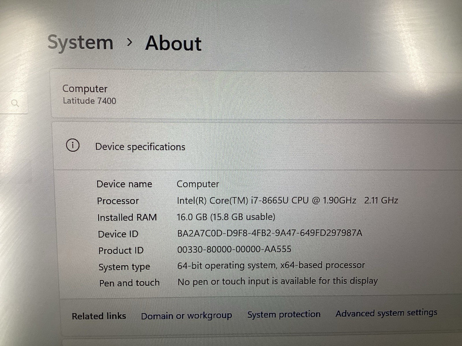 Dell Latitude 7400 14" (Core i7-8665U @1.9GHz 16GB 256GB SSD) Win11Pro PC No AC